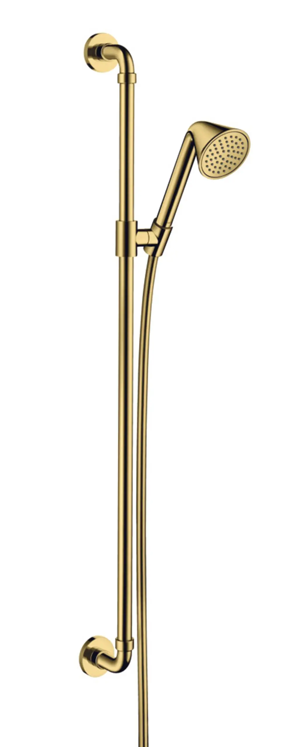AXOR Brauseset in poliertem Gold, bestehend aus einer Handbrause und einer Befestigungshalterung an einer vertikalen Stange.